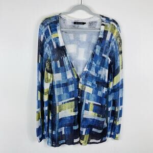 Zozo Sz Large Printed Linen Blend Lightweight Button Front Topper Cardigan Blue